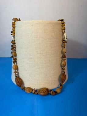 Natural Brown Carved Wood Bead Necklace - Women Jewelry